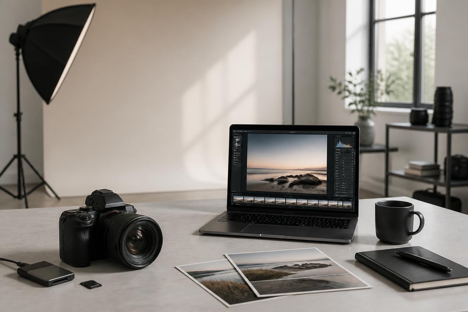 Clean content production studio setup with camera and visual assets.