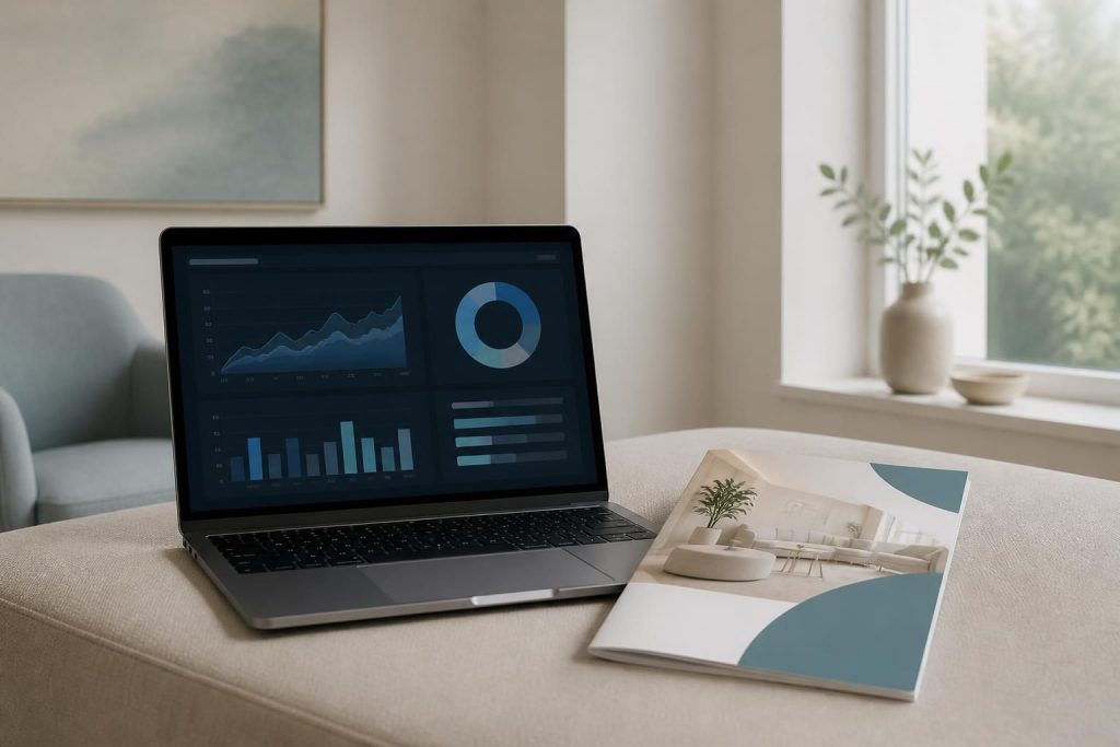 Modern marketing workspace with analytics screen and clinic branding materials.